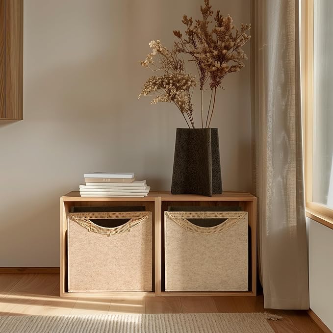La Jolie Maison 2 Pack Foldable Oatmeal Felt Cube Bins, 13 Inch Storage Cube with Rattan Handle, Decorative Storage Bins for Closet Toys Bedroom