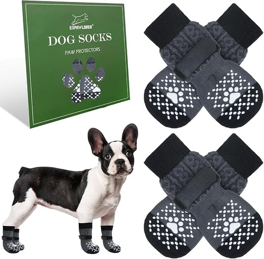 EXPAWLORER Dog Socks for Prevent Licking Paws,Winter Boots & Paw Protectors, Non Slip Doggie Grippy Booties for Hardwood Floors, Shoes for Small Medium Large Senior Dogs Twists Grey M