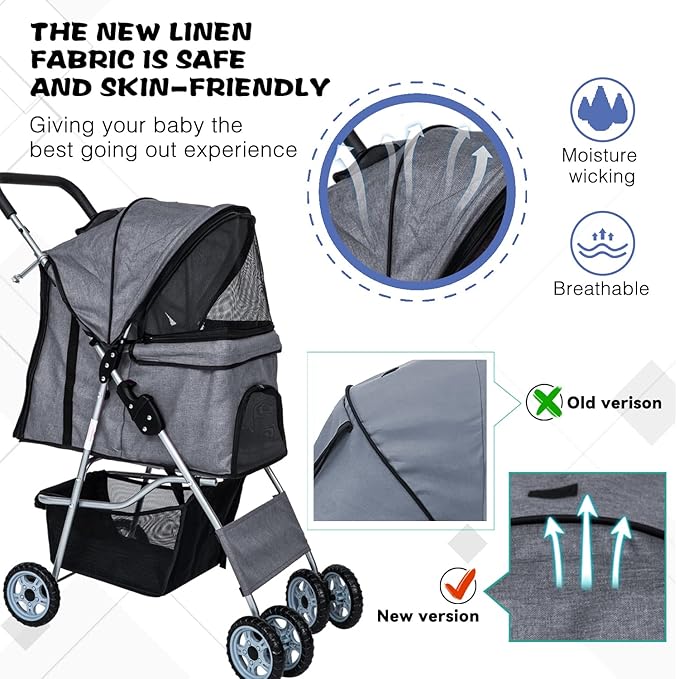 Dog Stroller for Small Dogs,Pet Stroller Strolling Cart 4 Wheels Folding Pet Gear Lightweight Waterproof with Storage Basket for Puppy Small Medium Dogs Cats for Travel,Grey