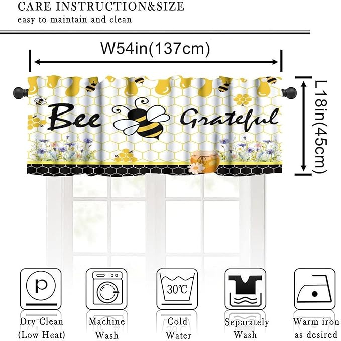 Rustic Bee Valances Curtain for Kitchen, Bees Spring Flower Yellow Black Honeycombs Window Treatment Valances Short Curtains Rod Pocket Drape for Dining Room Home Farmhouse Decor, 54x18inch