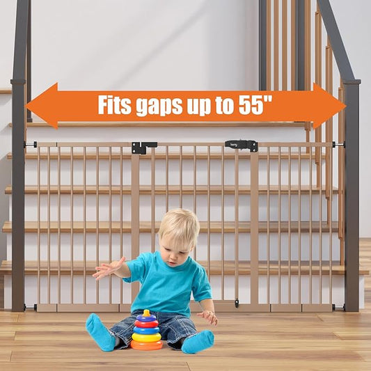 keny 29"-55" Extra Wide Baby Gate, Pressure Mounted No Drilling Dog Gate for Stairs Doorways, Easy Walk Through Safety Gate for Babies or Pets, 30" Tall, Brown