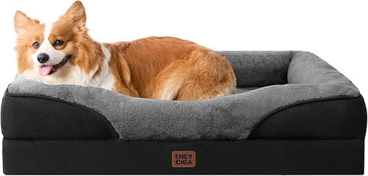 EHEYCIGA Orthopedic Dog Bed for Medium Dog, 35x22x6.5 Inch Memory Foam Dog Couch Bed with Sides, Waterproof Liner & Washable Removable Cover, Bolster Pet Sofa, Grey/Black