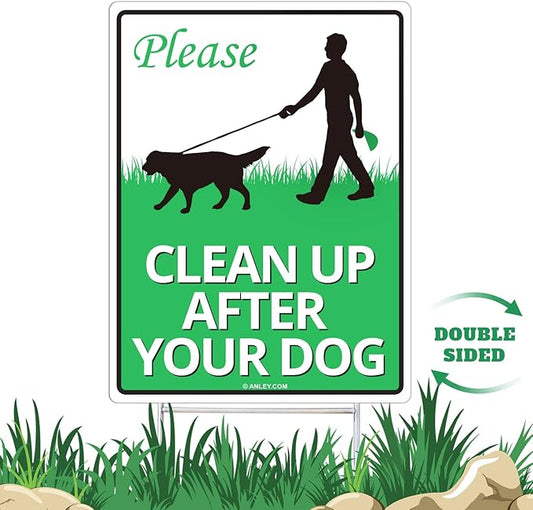 ANLEY Clean Up After Your Dog Sign with Metal Stake - Quick & Easy Install - Clean Up After Pet Warning, Cat Lawn Signs Double Sided Weather Fade Resistant for Yard Garden Grass 12" x 9"