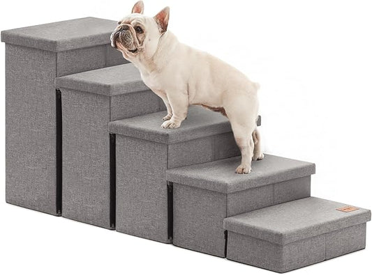Love's cabin Dog Stairs for High Bed 22" H, Foldable Pet Stairs for Small Medium or Large Dogs Puppy with Storage for Bed or Couch, Cat Dog Steps Ramp with Zip up to 200 lbs, Solid Grey, 5 Steps