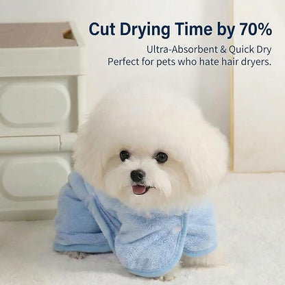 Dog Bathrobe Super Absorbent Towel for Small Dogs Cats Fast Drying Dog Robe Coat with Hood Puppy Cat Bath Towel Wrap Pet Grooming Supplies After Shower (Blue,XS)