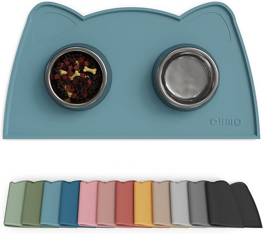 OHMO - Cat Food Mat, Silicone Pet Feeding Mat for Floor Non-Skid Waterproof Dog Water Bowl Tray, Easy to Clean Pet Placemat (Light Blue, 18 * 9.8'')