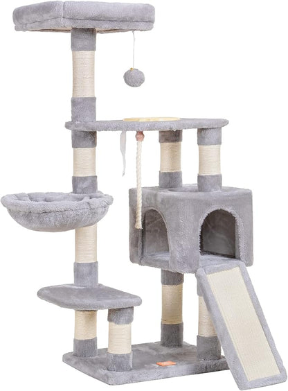 Heybly Cat Tree, Cat Tower for Indoor Cats with Scratching Board, Multi-Level Cat Furniture Condo with Feeding Bowl Light Gray HCT010SW