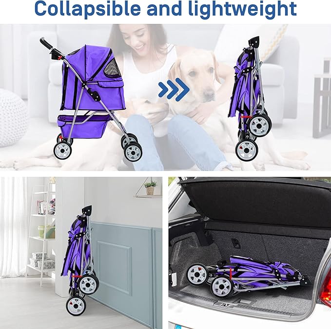 Best 4 Wheels Dog Cat Stroller, Lightweight & Foldable Pet Jogger, Carrier Strolling Cart W/Cup Holders Removable Liner - Purple