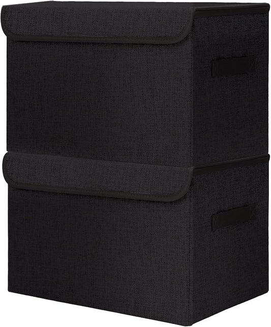 Large 42 Quarts Fabric Storage Bins with Lids [2-Pack] Linen Collapsible Foldable Storage Cubes, Closet Organizer Containers boxes with Handles for Home Office (16.7 x 12 x 12, Black)