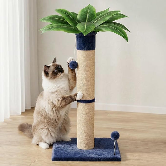 XiaZ Cat Scratching Post 34 Inches Tall, Cat Tower Scratcher Extra Wide 15.8" Stable Base with 2 Interactive Balls, Premium Natural Sisal & Plush Fabric for Small, Medium Large Cats (Navy Blue, 4.5in)