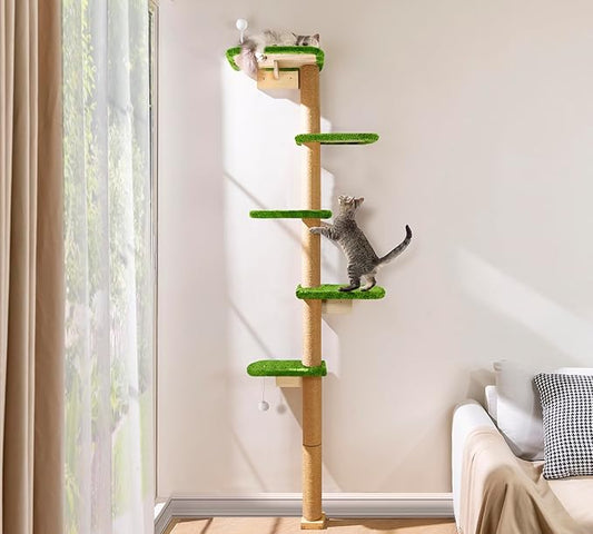Floor to Ceiling Cat Tree for Kittens, Wall Mounted Cat Wall Furniture with Green Plush Pads, 5 Platform Wild Simulation Climbing Tower, Adjustable Height