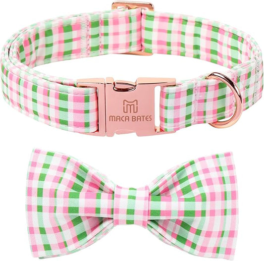 Maca Bates Plaid Dog Collar with Fancy Bow Tie,Cherry Pink Green Gingham Pattern for Extra Small Girl Boy Dogs,Adjustable Durable Soft Collars Irish Gift for Male Female Puppy