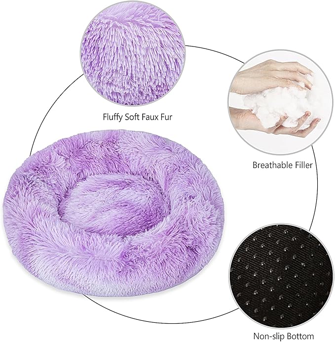 Calming Dog Bed for Small Dogs Cats, Kitty Puppy 23'' Round Anti-Anxiety Warm Fluffy Plush Faux Fur Bed, Soft Anti-Slip Donut Washable Small Pet Bed, Cozy Cat Puppy Bed, Fits up to 30 lbs Pets