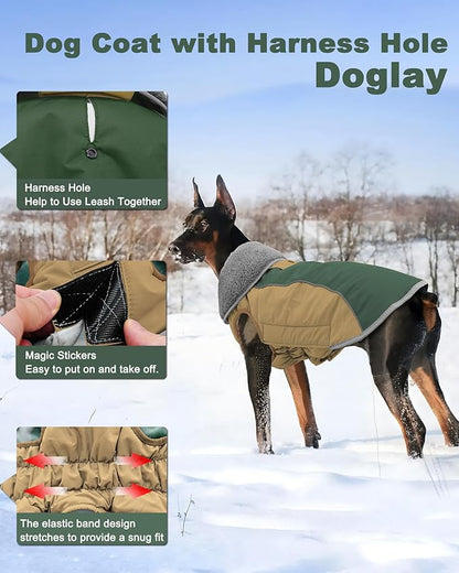 Doglay Dog Jacket Waterproof Dog Coat, Reflective Cold Weather Winter Coat, Adjustable Turtleneck Fleece Puppy Snow Jacket with Harness Hole for Small Medium Large Dogs