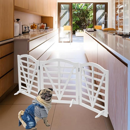 Wooden Dog Gate Freestanding Pet Gate Foldable Pet Gate for Dogs,Indoor Dog Fences with 3Foot Supportershite,3Pane 23.6" Height-White.