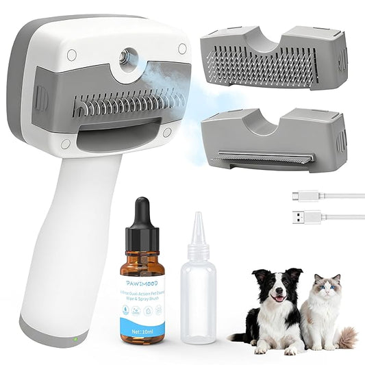Pet Steam Brush for Dogs & Cats,5-in-1 Self-Cleaning Dog Steam Brush with 3 Swap-in Heads (Grooming, Dematting, Deshedding),Cat Spray Hair Removal Comb,Includes Pet Essence & Storage Bag