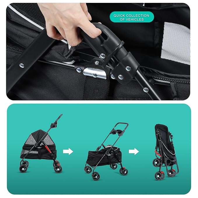 Dog Cat Stroller, 4 Wheels Outdoor Travel Pet Folding Stroller, Dog Cat Cage Strollers with Cup Holder, Breathable and Visible Mesh for Medium Small Dogs or Cats 1 Set