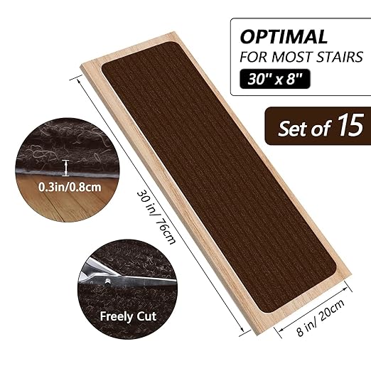 Non-Slip Stair Treads, 7.8" X 30" (15-Pack) Stair Treads Runner Indoor Outdoor, Brown Slip Resistant Stair Tread Mats Step Covers Pads for Elders, Kids and Pets (30" x 7.8", Brown)