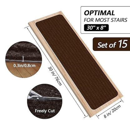 Non-Slip Stair Treads, 7.8" X 30" (15-Pack) Stair Treads Runner Indoor Outdoor, Brown Slip Resistant Stair Tread Mats Step Covers Pads for Elders, Kids and Pets (30" x 7.8", Brown)