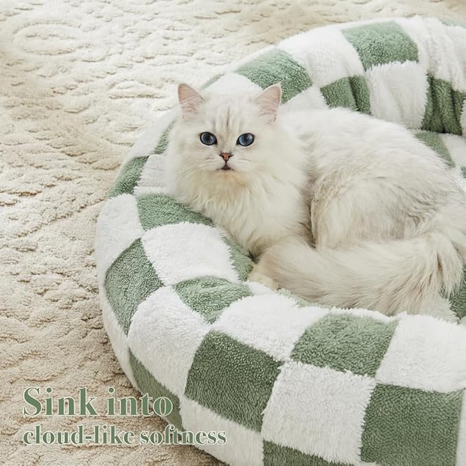 Checkered Cat Dog Bed, Cute Sage Green Retro Style Aesthetic Round Warming Pet Calming Beds for Small Dog and Cats, Plush Cozy Donut Beds Washable, 23" L x 23" W x 8" Th