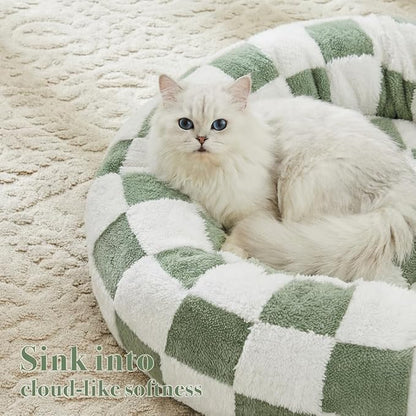 Checkered Cat Dog Bed, Cute Sage Green Retro Style Aesthetic Round Warming Pet Calming Beds for Small Dog and Cats, Plush Cozy Donut Beds Washable, 23" L x 23" W x 8" Th