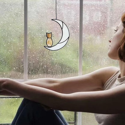 Orange Tabby Cat On Moon Stained Glass Window Hangings,Stained Glass Suncatcher Hanging Ornament Gift for Mom,Cat Memorial Gifts for Pet Lovers, Pet Loss Sympathy Gift (Yellow)