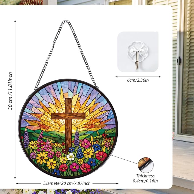 Christian Glass Window Hanging, 8 Inch Sun Catcher Cross Religious Gift for Housewarming, Decorative Suncatchers Gifts for Women Men Wall Art Home Decor