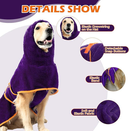 EXPAWLORER Soft Dog Bathrobe with Hood, Super Absorbent & Quick-Drying Dog Towels, Cozy Drying Coat for After Bath,Swimming, Purple L