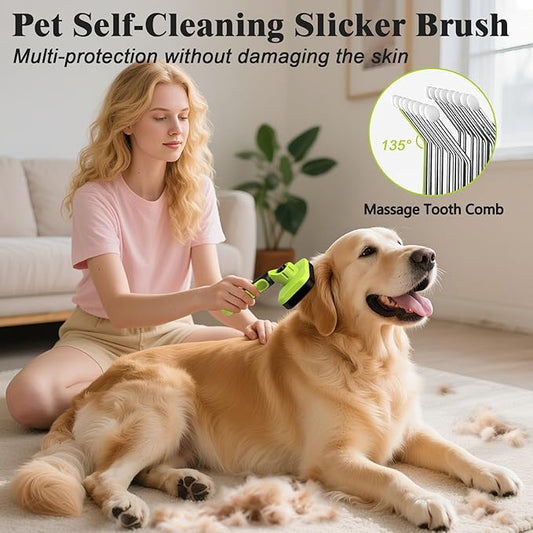 2PCS Self Cleaning Slicker Brush & Dog Comb - Skin Friendly Deshedding Grooming Tool for Dogs, Cats and Small Animals, Professional Deshedding Dematting Tool for Long and Short Haired Pets (Green)
