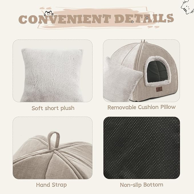 WINDRACING Cat Bed for Indoor Cats - Cat House Cats Tent with Removable Washable Cushioned Pillow, Soft and Self Kitten beds,for Small and Medium Pet Bed, Beige