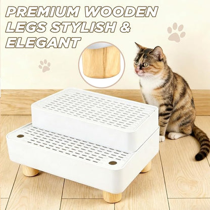 Adjustable 2 Steps Litter Box Ramp, Cat Litter Catcher Mat with Wooden Feet, Filter Function, Litter Box Step for Small & Elderly Cats, Fits Automatic Litter Boxes (White)