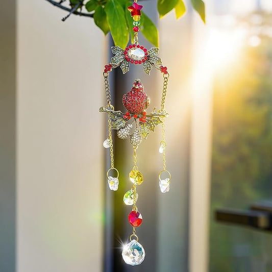 H&D HYALINE & DORA Cardinal on A Branch Suncatchers for Windows 17.5 Inch Crystal Sun Catcher with Metal Chain and Hooks Christmas Birthday Gift for Bird Lovers Women