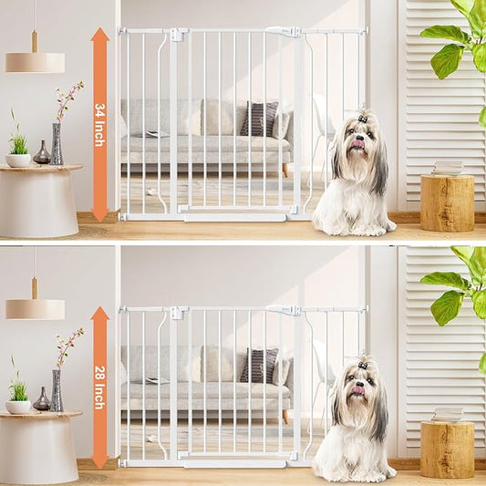 34" Extra Tall Baby Gate for Stairs, Auto Close Stroller Friendly Dog Gate Indoor for Doorways, Pressure Mounted 29"-45" Wide Baby Gate, Easy Walk Through Gate for Children & Pets, White