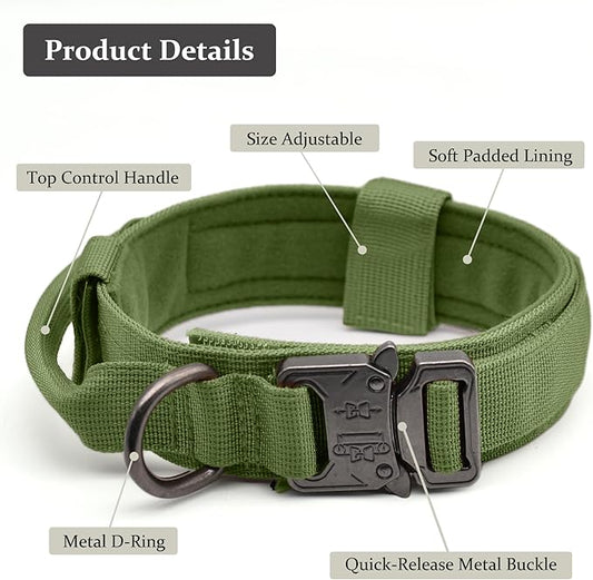 Tactical Dog Collar, Adjustable Military Training Nylon Dog Collar with Control Handle and Heavy Quick-Release Metal Buckle for Small Medium Large Dogs, Green L