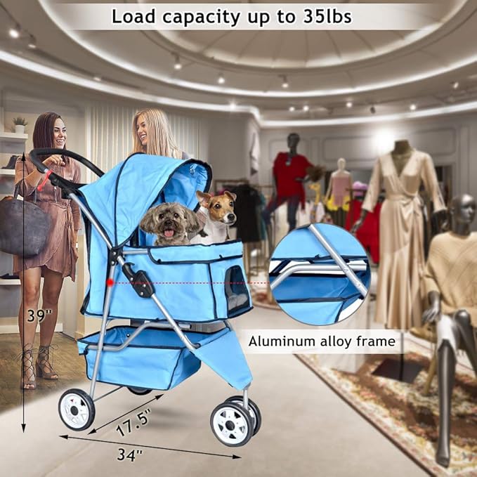 Dkeli 3-Wheel Pet Stroller, Lightweight Foldable Dog Stroller for Small Medium Dogs & Cats, Breathable Mesh & Weather Cover with Storage Basket, for Daily Walk Outdoor Travel (Blue)