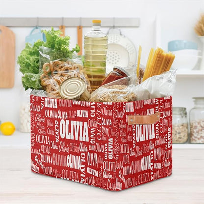 Custom Rectangle Storage Basket, Personalized Name Organizer Bin for Pet/Children Toys, Books, Clothes, Perfect for Rooms/Playroom, Red Color