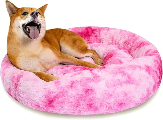 Calming Dog Bed for Medium Dogs Cats, Puppy 31'' Round Anti-Anxiety Warm Fluffy Plush Faux Fur Bed, Soft Anti-Slip Donut Washable, Cozy Medium Puppy Bed, Fits up to 50 lbs Pets