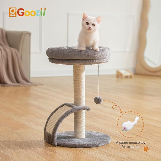 Goozii Small Cat Tree Tower with Scratching Post, Modern Kitten Tower for Indoor Cats, Short Carpet Sisal Cat Scratcher Stand with Large Bed Perch, Scratch Ramp, Toy Ball for Kitty Play (Grey)