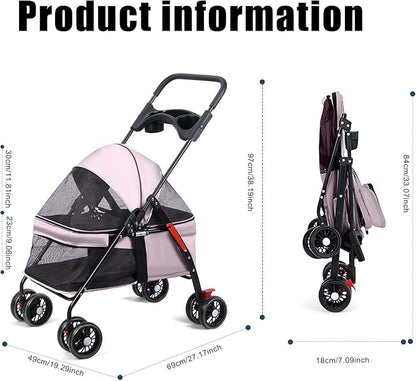 Pet Stroller 4 Wheels Dog Cat Stroller,Outdoor Trave Pet Folding Stroller,Foldable Dog Cat Cage Jogger Stroller with Cup Holder,Breathable and Visible Mesh for Medium Dogs Cats Grey