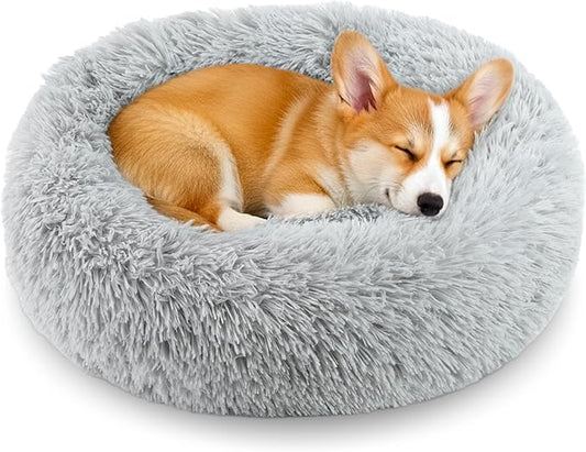 Calming Anti-Anxiety Donuts Dog And Cat Bed, Round Fluffy Soft Washable Small Medium Pet Bed For Puppy And Kitten, Cuddler Warming Comfortable Cushion, Luxury Anti-Slip Waterproof Mute Base 32in Gray