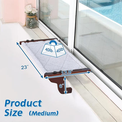Zakkart 2PC Easy Seat Cat Perch for Window Sill - Hammock Design w/Pine Wood & Robust Metal Frame - Cat Window Seat for Large Cats and Kittens (Dark Stained Wood w/Gray Bed, Medium (23''W x 14''D))