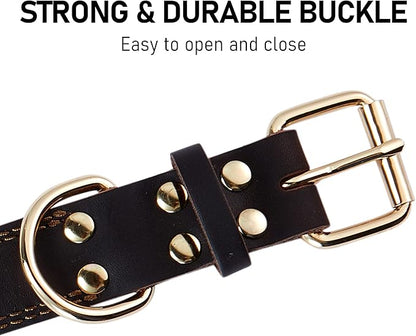 Leather Dog Collar, Genuine Heavy Duty Wide Dog Collar for Small,Medium,Large and Extra Large Dog (S: 0.8" Wide for 13.4"-15.8" Neck, Dual Stitch - Brown)
