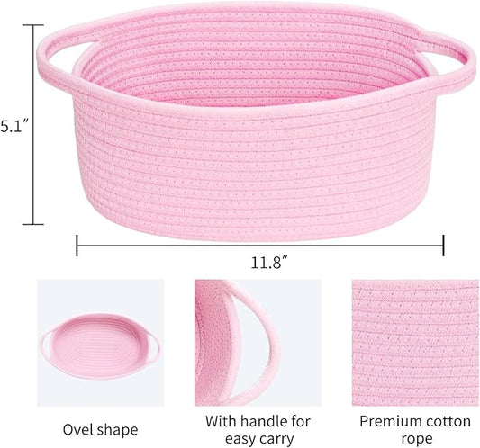 ABenkle Small Basket, 12"x 8" x 5" Cute Small Woven Basket, Rope Room Shelf Storage Basket, Cat Dog Toys Basket Chest Box, Decorative Empty Gift Basket with Handles - All PInk