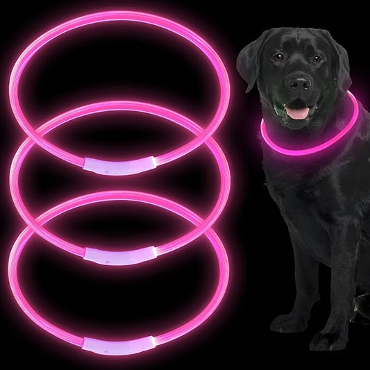 Weewooday 3 Pcs Dog Collar USB Rechargeable LED Light up Dog Collar Flash Waterproof Pet Necklace Pet Lights for Night Walking Adjustable Safety Necklace for Large Medium Small Puppy(Rose Red)