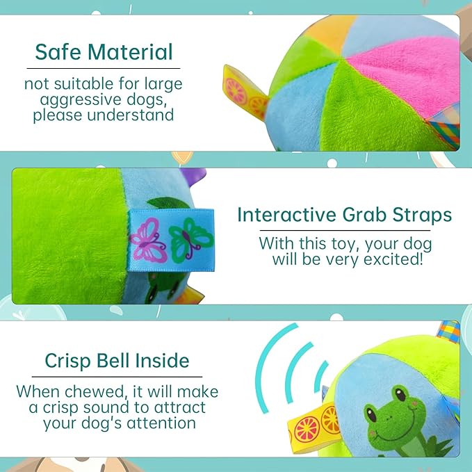 Squeaky Balls for Dogs, 12CM Dog Soccer Ball with Straps & Bell Inside for Tug of War Easy to Carry, Plush Soft Dog Toys for Small/Medium Breed, Kill Time Keep Busy (Green)