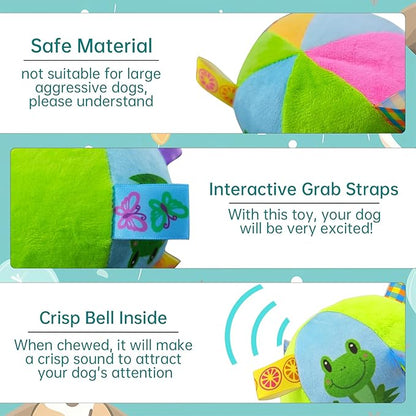 Squeaky Balls for Dogs, 12CM Dog Soccer Ball with Straps & Bell Inside for Tug of War Easy to Carry, Plush Soft Dog Toys for Small/Medium Breed, Kill Time Keep Busy (Green)