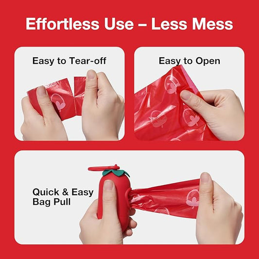 VETRESKA Dog Poop Bag Dispenser with Strawberry Scented Bags, Leak Proof, Extra Thick and Large Pet Waste Bags,1 Count Bag Holder and 105 Bags (7 Refill Rolls) for Walking Dog and Cats Litter, Red