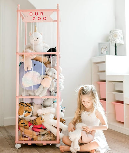 Mloong Stuffed Animal Zoo Storage, Pink Wood Stuffed Animal, Gift for Nursery Playroom Kidroom Bedroom (54inch)