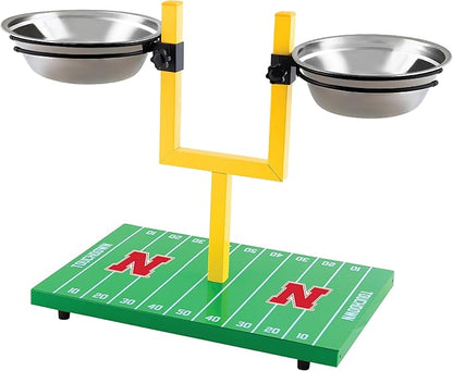 NCAA Nebraska Cornhuskers Goalpost Football Field Dog Feeder – Adjustable Elevated Dog Bowls with Stand, 2 Stainless Steel Bowls, Non-Slip Rubber Feet, Raised Pet Feeder for Large & Small Dogs
