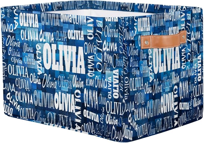 Personalized Storage Bins, Customized Name Storage Basket Rectangle Clothes Organizer for Organizing Kids and Pets Toys Shelf Closet, Blue Geometric Square